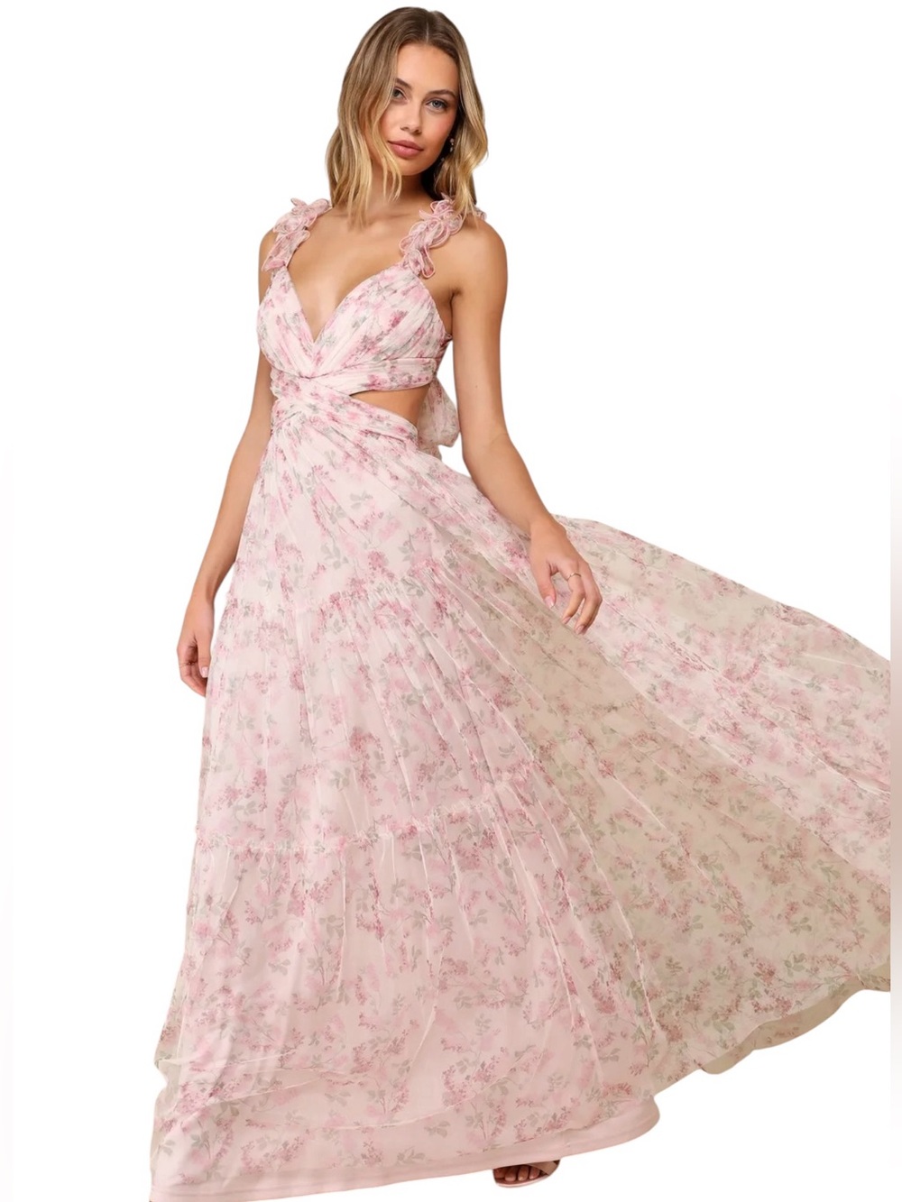 NWT Ethereal Love Blush Floral Pleated Tiered Tie-Back Maxi Dress. Size Medium.